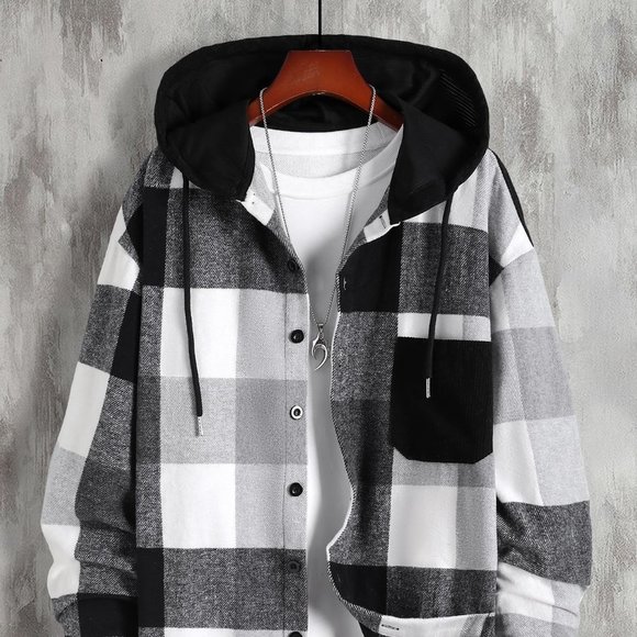 . Other - Black And White Casual Mens Plaid Print Drawstring Hooded Overcoat